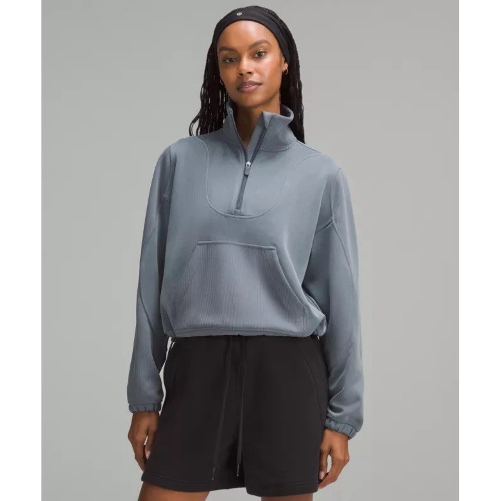 Lululemon Womens 6 Brushed Softstreme Ribbed Half Zip Pullover Gray Blue Crop